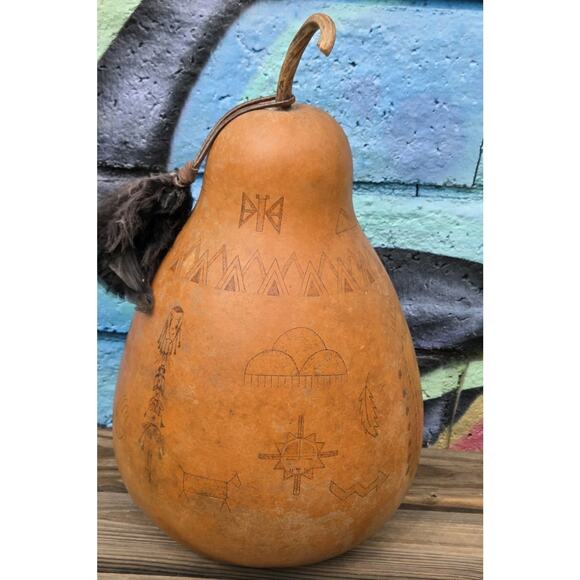 Native American Hand Etched Gourd Signed Southwest Art Design 1988 15"x8½" EUC - Picture 6 of 16